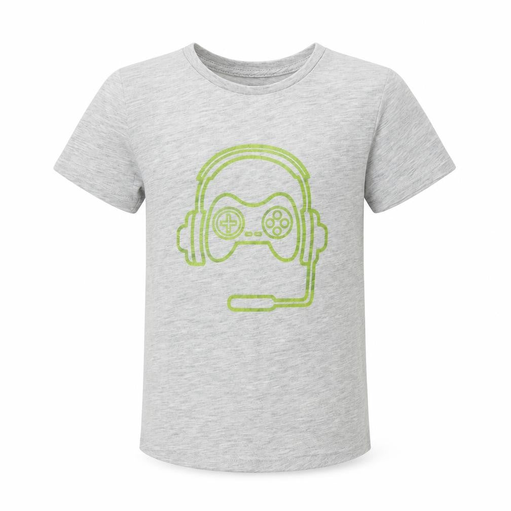 Front view of Dunnes boys’ grey polyester basic t-shirt, size 3-4, years round neck - gaming