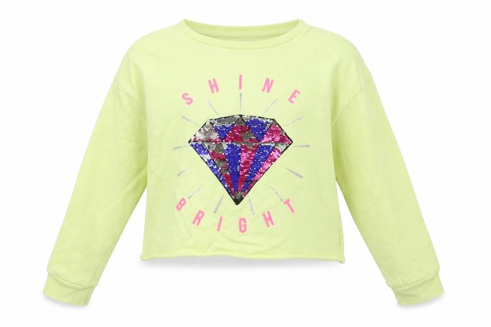 Front view of Candy Couture girls’ yellow cotton pullover sweatshirt, size 10, years - shine bright diamond