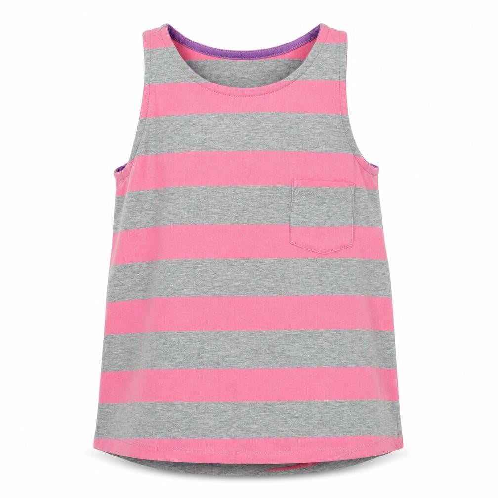 Front view of Dunnes girls’ pink striped polyester basic tank, size 8-9, years round neck