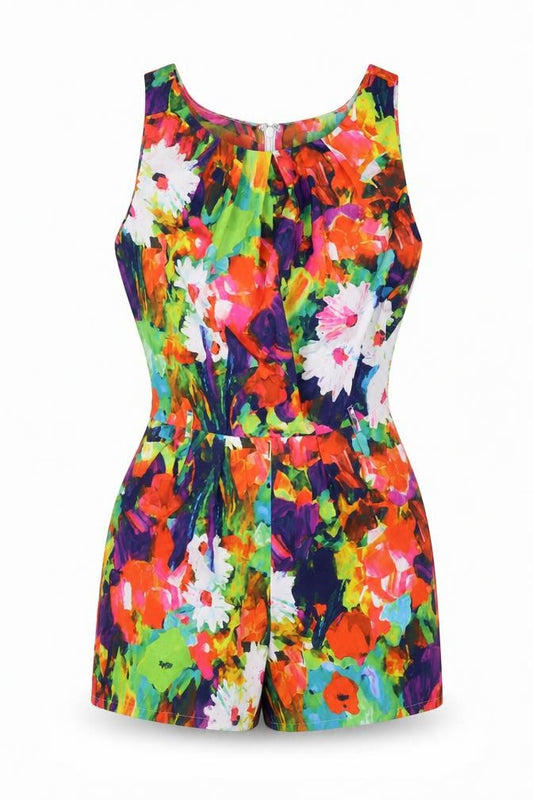 Front view of Parisian Collection women’s multicoloured floral polyester playsuit one-piece, size UK 8, zip