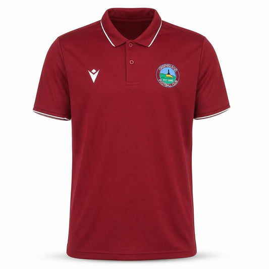 Front view of Macron men’s red polyester polo, size L, collared pullover - greenisland football club