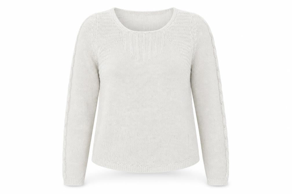 Front view of Monsoon women’s grey round neck acrylic jumper, size UK 10