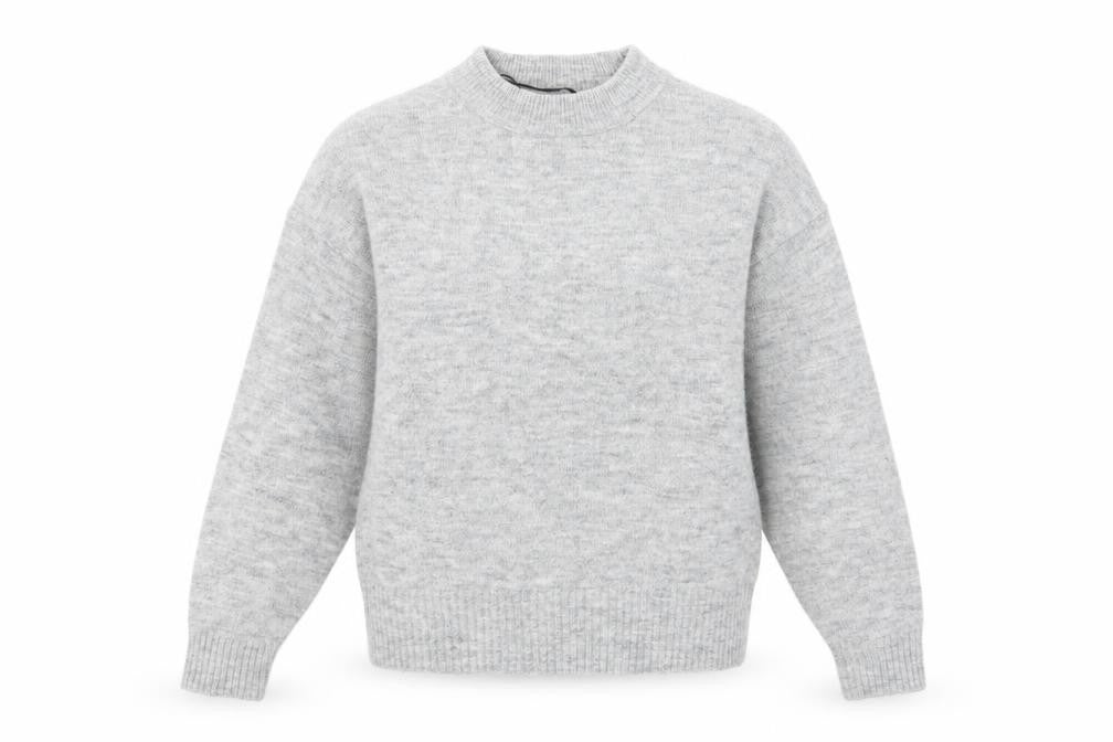 Front view of H&M women’s grey crew neck polyester jumper, size XS