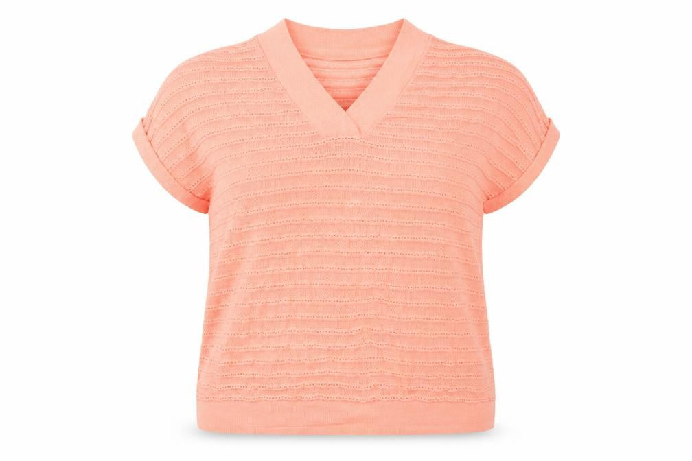 Front view of Tu women’s orange v-neck viscose jumper, size UK 16
