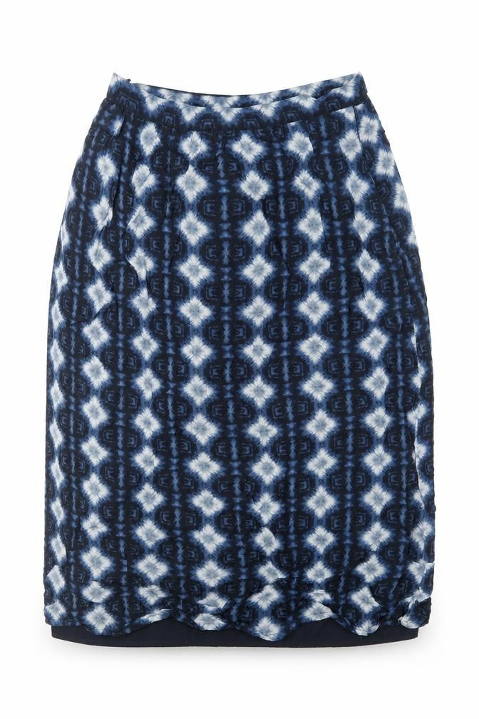 Front view of Next women’s blue geometric polyester a-line skirt, size UK 14, zip