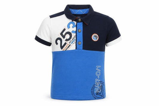 Front view of Terre de Marins boys’ blue colourblock cotton basic polo, size 5, years collared button