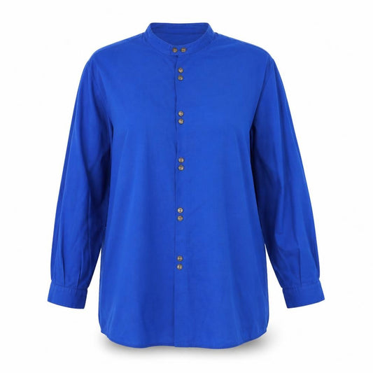 Front view of A Mans women’s blue polyester basic button-up, size L, round neck