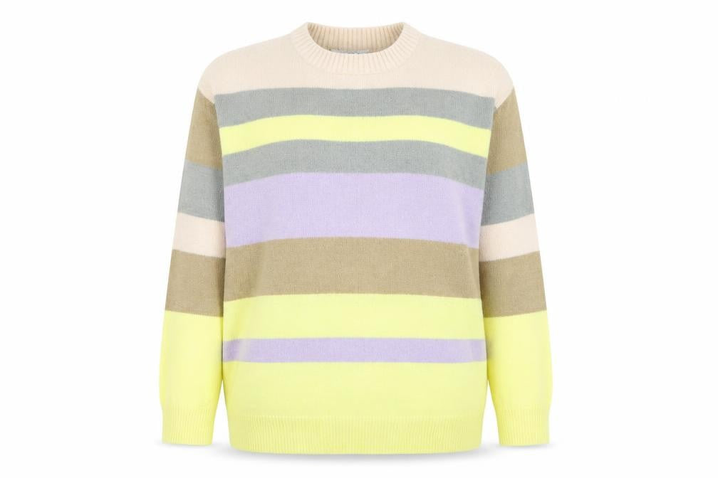 Front view of Dorothy Perkins women’s multicoloured round neck striped acrylic jumper, size UK 14