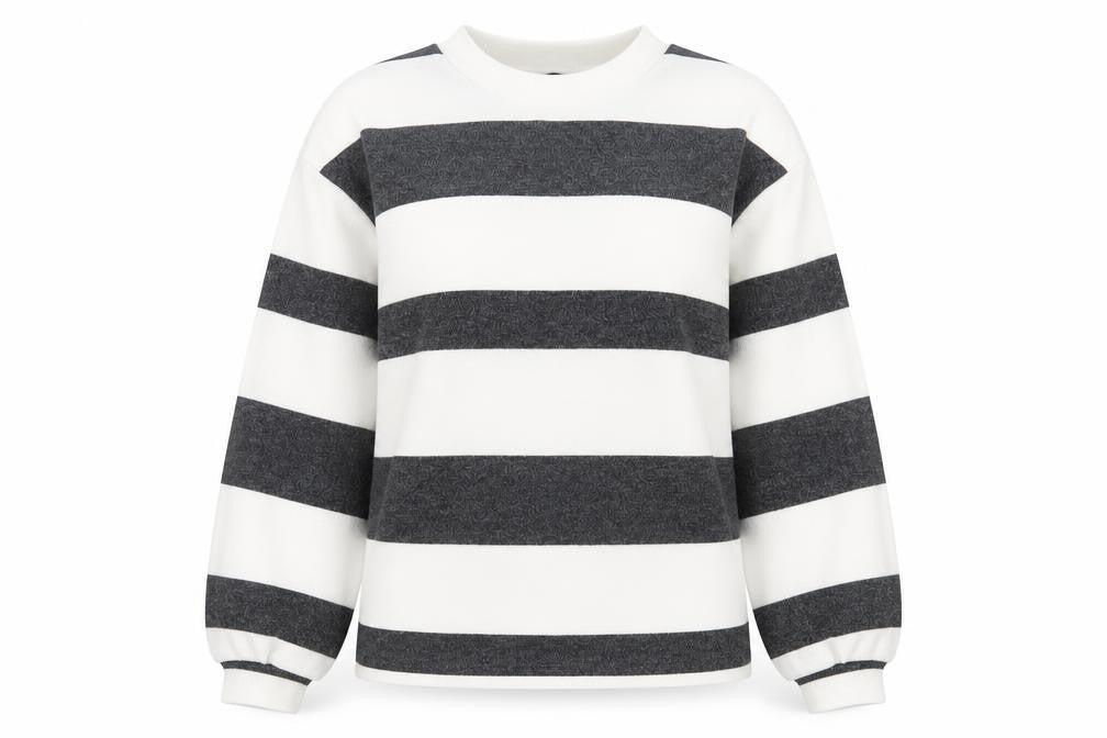 Front view of F&F women’s grey striped polyester pullover sweatshirt, size S, pullover