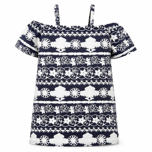 Front view of Quiz women’s blue floral polyester a-line, size M, square neck pullover - cold shoulder