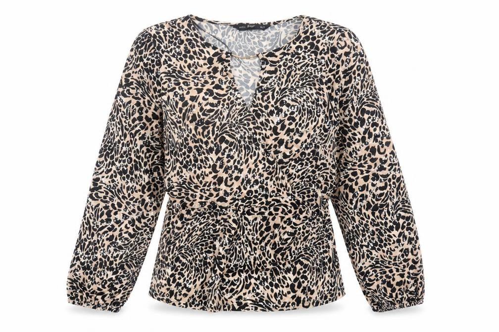 Front view of F&F women’s brown animal print polyester basic blouse, size UK 10, round neck - leopard print