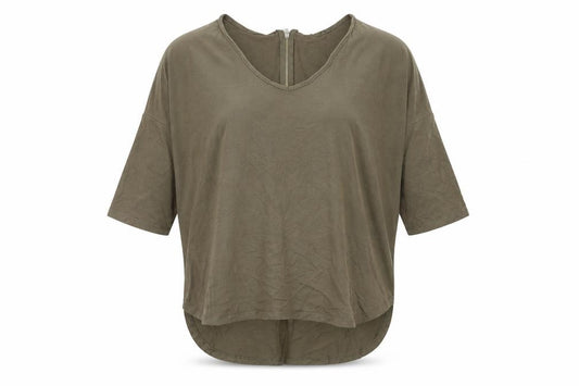 Front view of Select women’s green viscose basic t-shirt, size UK 12, v-neck