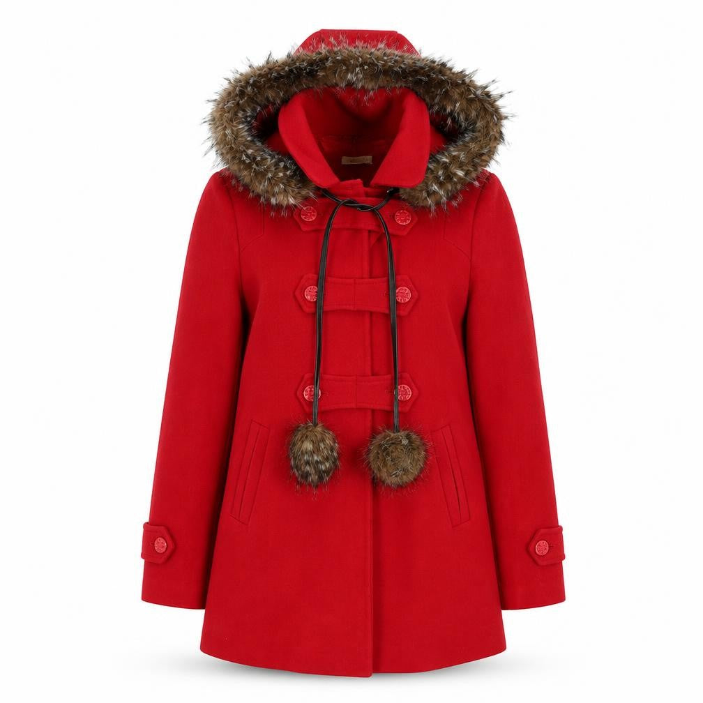 Front view of Favori women’s red pea coat coat, size UK 8, button - bobbles
