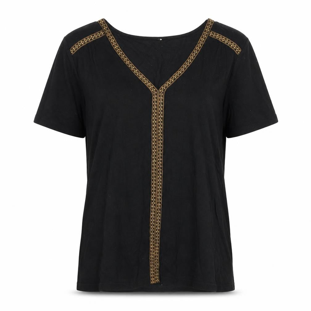 Front view of Buur women’s black geometric viscose basic t-shirt, size L, v-neck