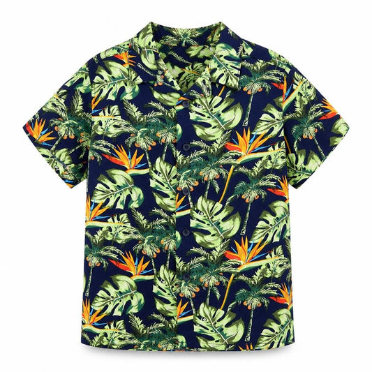 Front view of Matalan boys’ multicoloured floral viscose basic button-up, size 5, years collared button