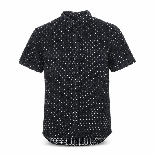 Front view of Topman men’s black geometric cotton button-up, size XS, collared button