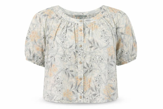 Front view of Next women’s green floral cotton basic button-up, size UK 6, round neck