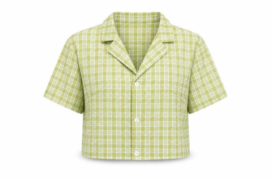 Front view of SHEIN women’s green plaid polyester cropped button-up, size XS, collared