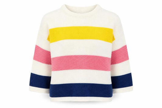 Front view of Brave Soul women’s multicoloured round neck striped acrylic jumper, size UK 12