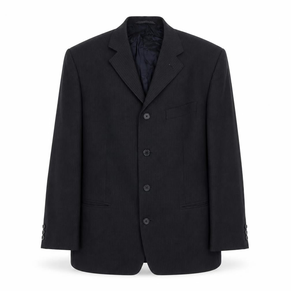 Front view of Johnathan Adams men’s blue striped polyester jacket suit jacket, size L