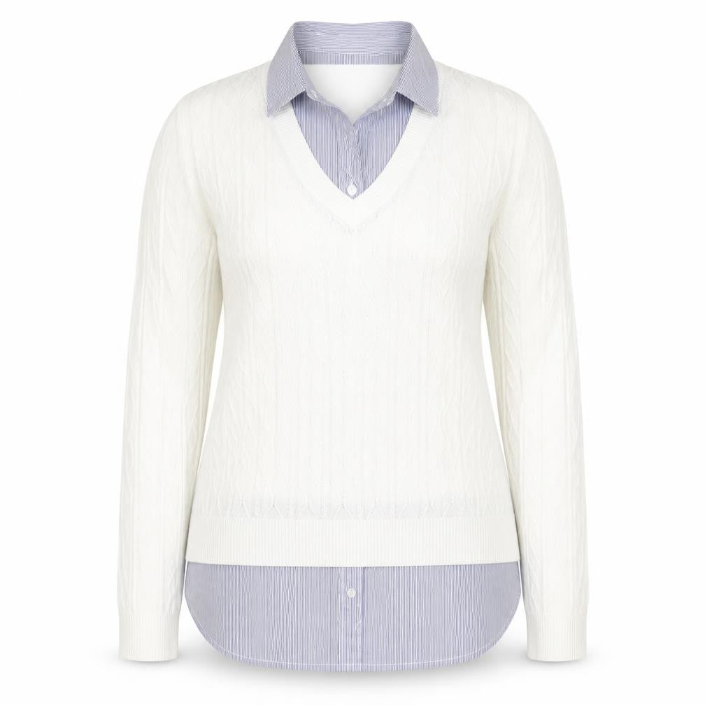 Front view of Nect women’s white v-neck striped cotton jumper, size UK 12