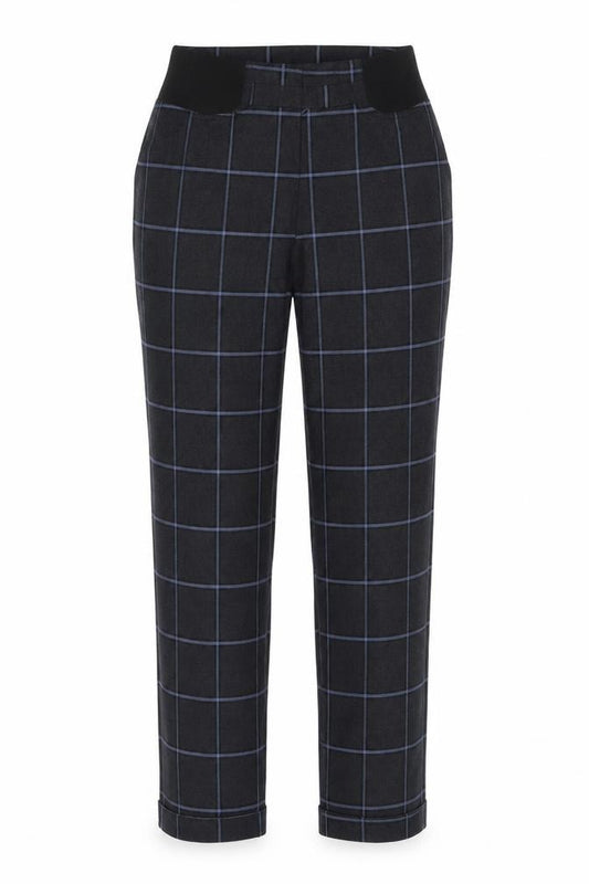 Front view of ASOS women’s grey plaid cotton trousers, size UK 10, 31-inch leg regular button