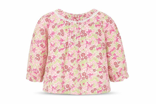 Front view of H&M Baby Pink Floral Cotton Basic Blouse, size 3-6, Months Round Neck Buckle