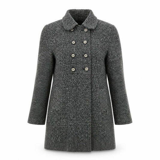 Front view of Debenhams women’s black overcoat jacket, size UK 10, hook & eye