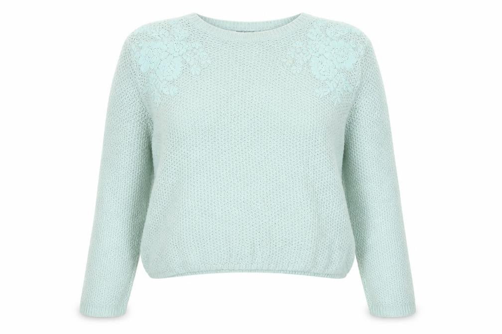 Front view of Marks & Spencer women’s green round neck acrylic jumper, size UK 14, - flowers
