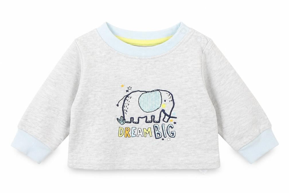 Front view of Pure Baby boys’ grey cotton jumper, size 0-3, months snap - elephant dream big