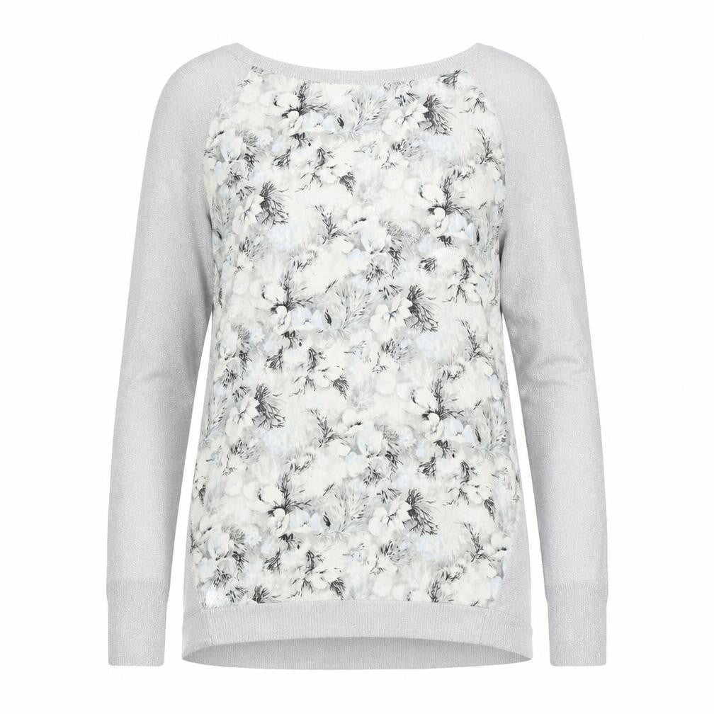 Front view of Oasis women’s silver round neck floral viscose jumper, size XS