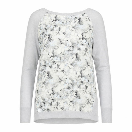 Front view of Oasis women’s silver round neck floral viscose jumper, size XS