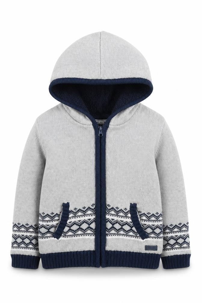Front view of mini bol boys’ grey geometric jacket, size 3, years zip