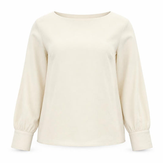 Front view of H&M women’s beige polyester basic blouse, size UK 12, round neck