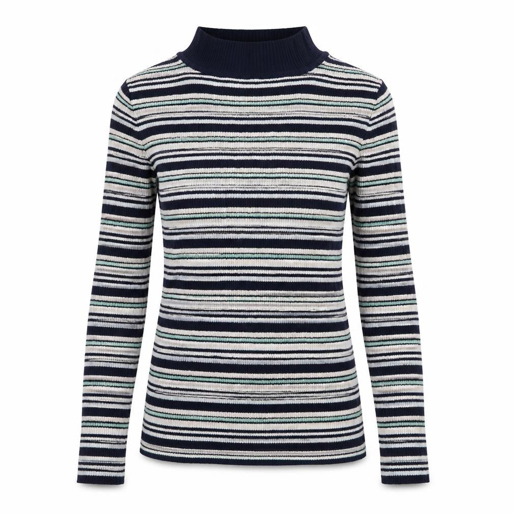Front view of Atmosphere women’s blue high neck striped viscose jumper, size UK 10