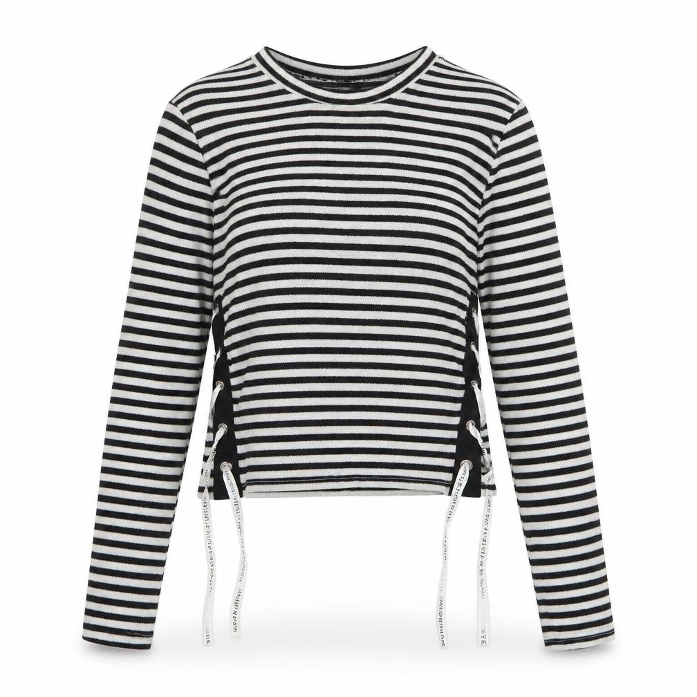 Front view of H&M women’s black round neck striped polyester jumper, size M, - lace up detail