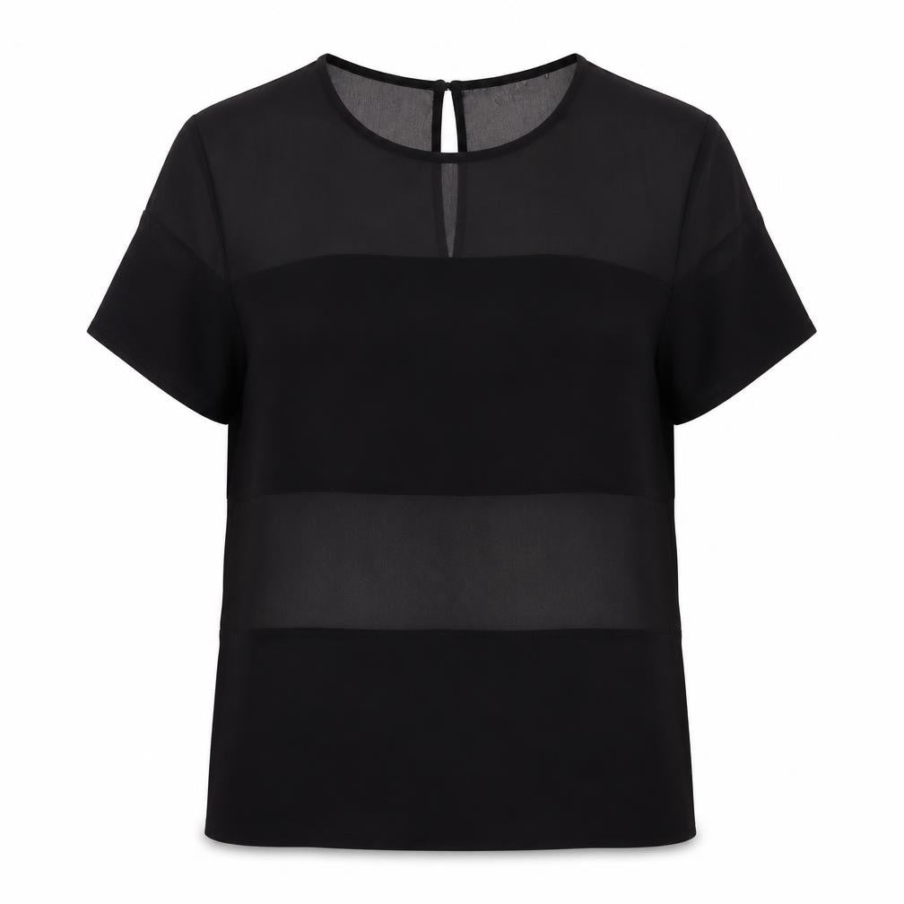 Front view of Miss Selfridge women’s black viscose basic blouse, size UK 12, round neck