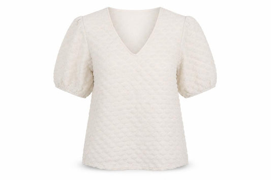 Front view of Gallery women’s white polka dot polyester basic blouse, size UK 12, v-neck