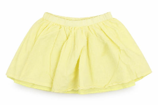 Front view of So Cute girls’ yellow 100% cotton pleated skirt, size 18-24, months