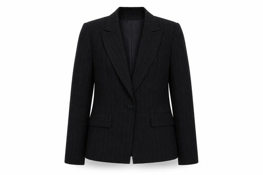 Front view of Modern Classic women’s black striped jacket blazer, size UK 12, button