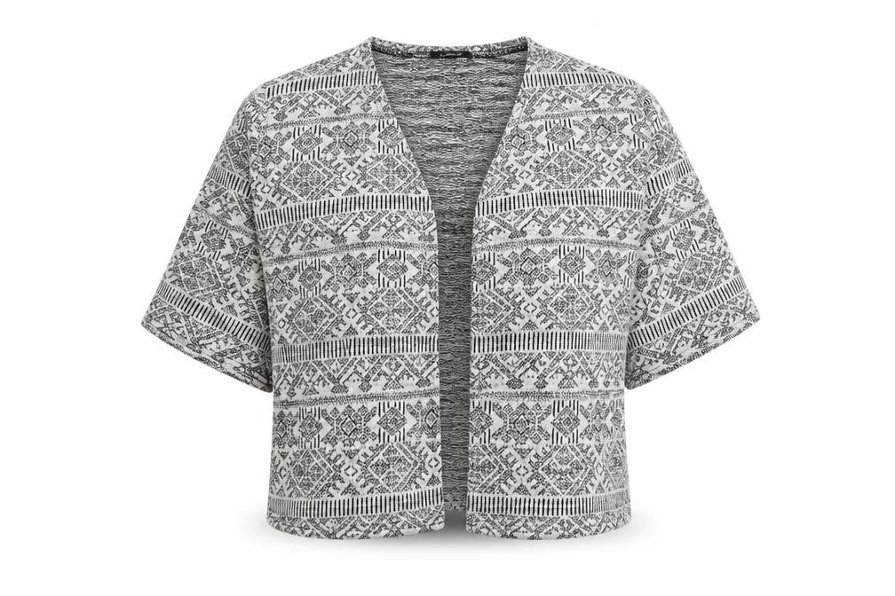 Front view of Atmosphere women’s grey v-neck geometric polyester cardigan jumper, size UK 14