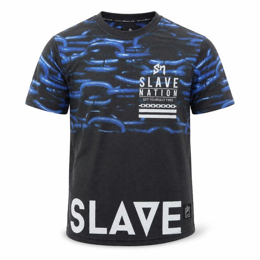 Front view of Slave nation men’s grey polyester t-shirt, size S, round neck