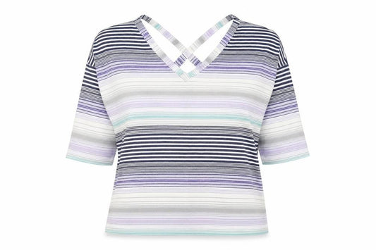 Front view of George women’s multicoloured striped polyester jersey blouse, size UK 12, v-neck - cross back