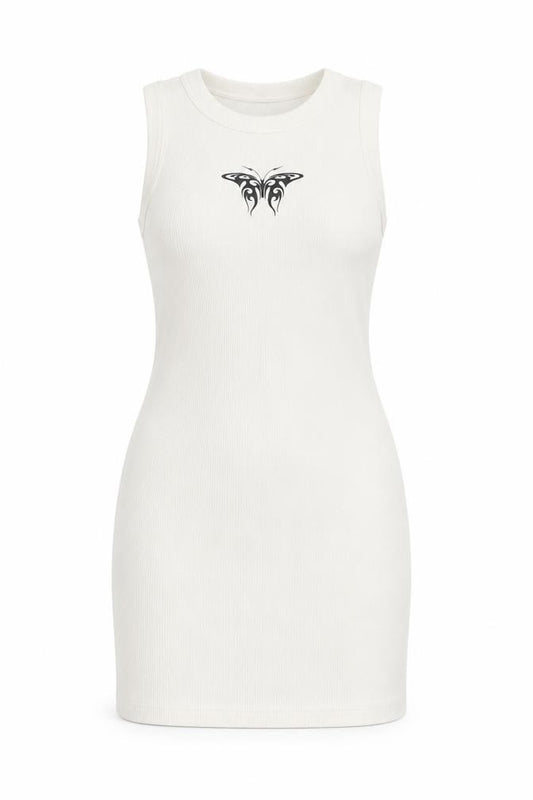 Front view of Divided by H&M women’s ivory cotton tank dress, size M, round neck pullover - butterfly