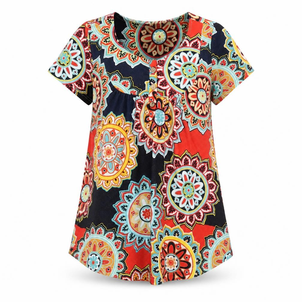 Front view of Preworn women’s multicoloured geometric polyester tunic t-shirt, size M, scoop neck