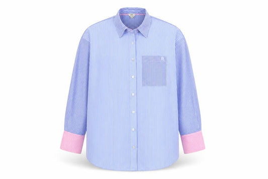 Front view of River Island men’s blue striped polyester button-up, size XS, collared button