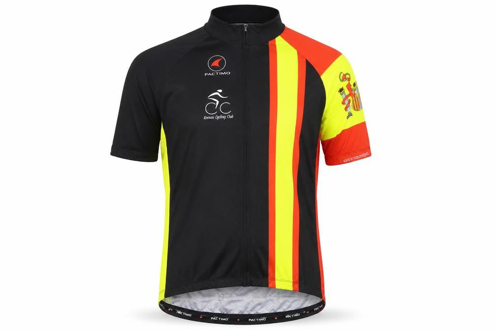 Front view of Pactimo men’s multicoloured geometric jacket, size XL, zip - keevan cycling club