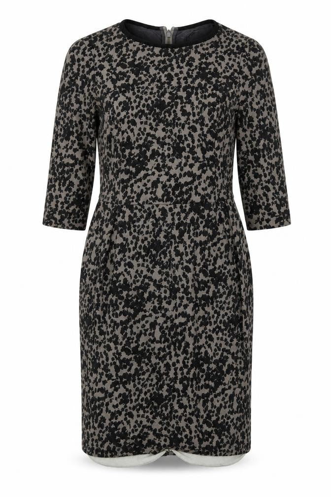 Front view of Marella women’s black geometric viscose sheath, size UK 12, boat neck zip