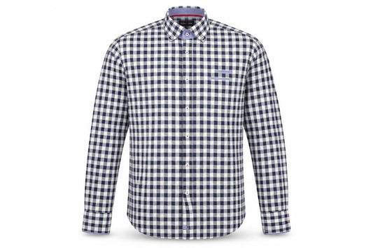 Front view of Blue Industry men’s blue check cotton button-up, size XL, collared button