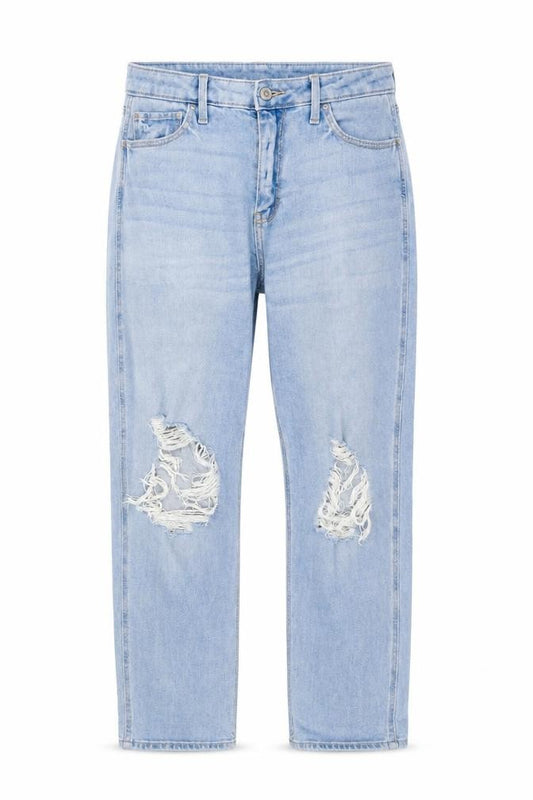 Front view of Hollister women’s blue cotton boyfriend jeans, size UK 29, 27-inch leg regular button